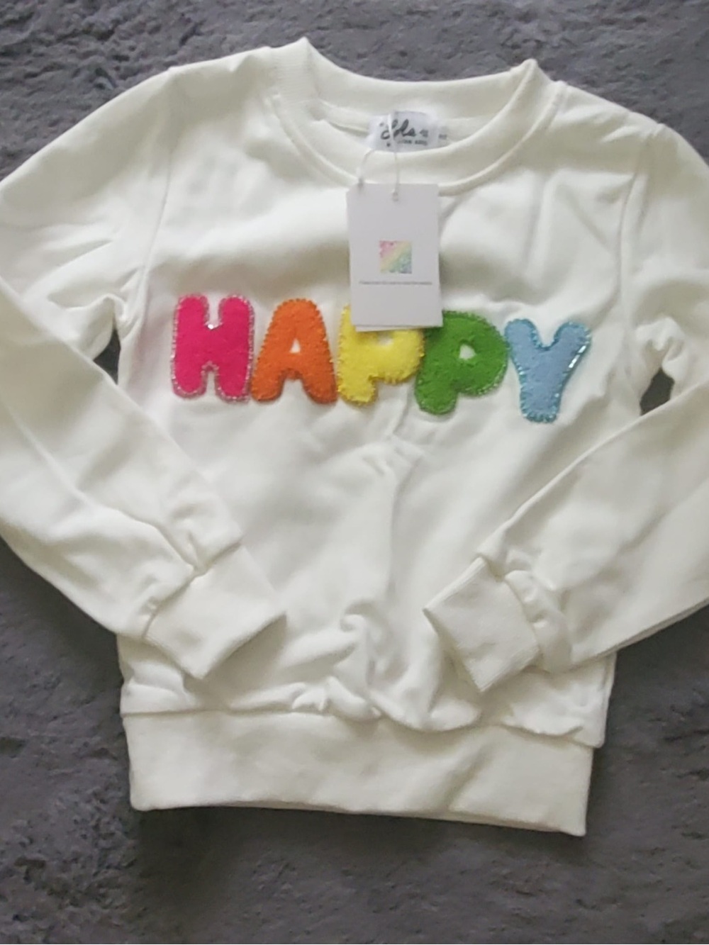 Lola + The Boys Cream Sweatshirt with Rainbow "HAPPY" Appliqué